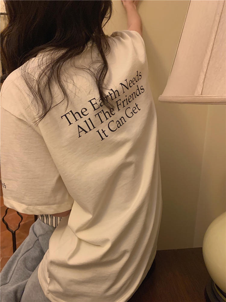 Áo Thun Tay Ngắn Cổ Tròn In Chữ Dáng Rộng Phong Cách Hàn Quốc 50371