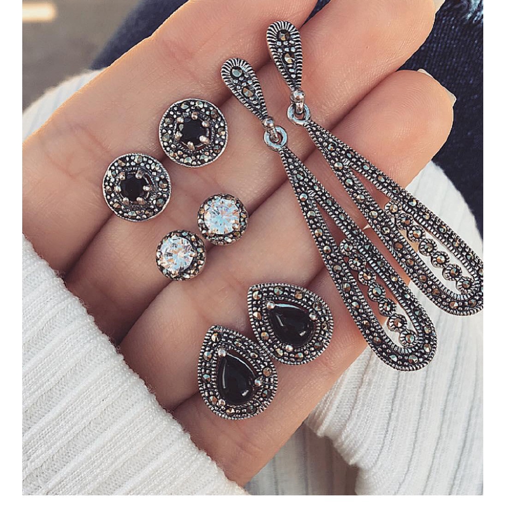 4 Pairs Bohemian Black Diamond Long Retro Zircon Stud Earrings Set Combination