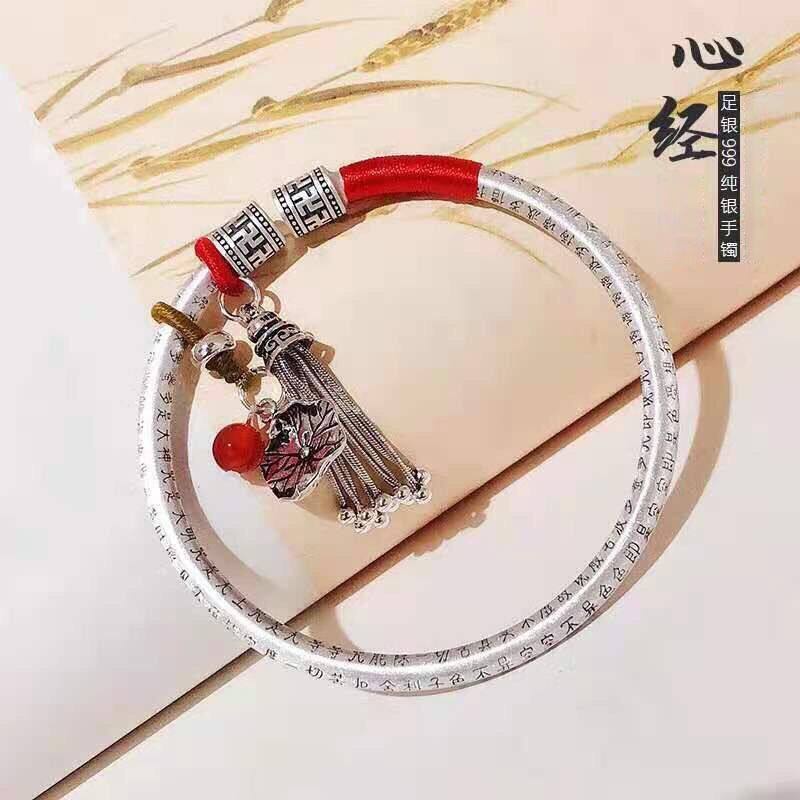 Vòng Tay Bạc 999 Kiểu Dây Tua Rua Mặt Hình Hoa Sen / Trái Tim Phong Cách Dân Tộc Xinh Xắn Cho Nữ