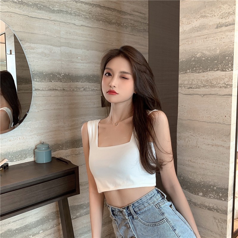 Áo Croptop Cổ Vuông Chất Liệu Cotton Co Giãn Thời Trang Mùa Hè Cho Nữ