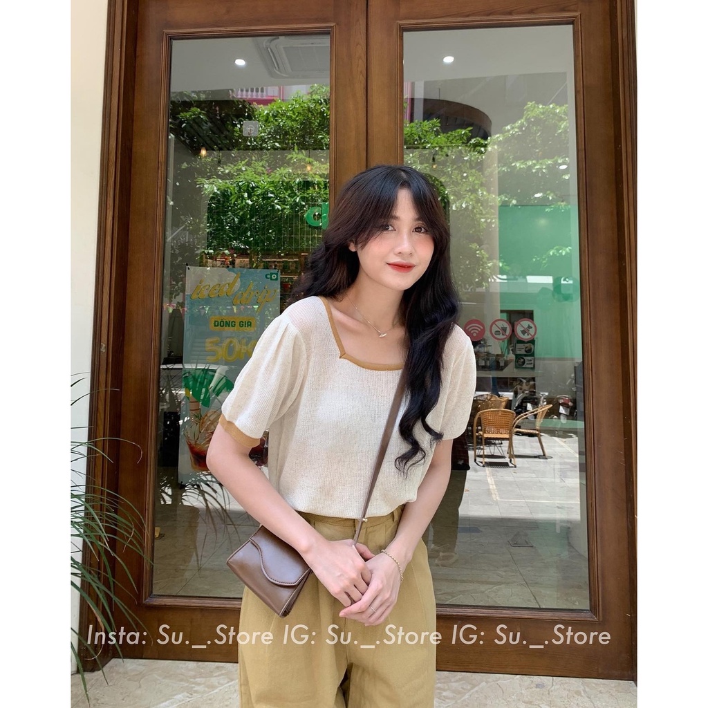 Áo len mongtoghi cộc tay cổ vuông pha viền A2385 SUSTORE