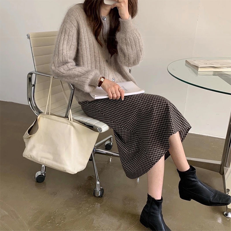 Áo khoác cardigan dệt kim cổ tròn tay phồng dáng rộng họa tiết kẻ sọc thoải mái dành cho nữ