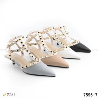 7596-7 Giầy bít mũi da lì đinh gót nhọn 3p