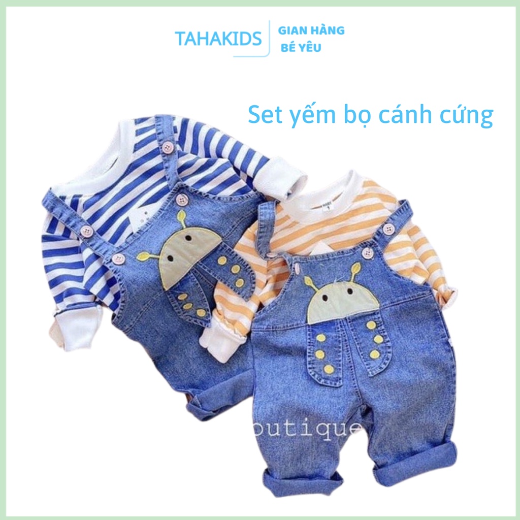 Quần Yếm bò bé trai bé gái - Set yếm kèm áo kẻ dài tay cho bé thêu hình dễ thương