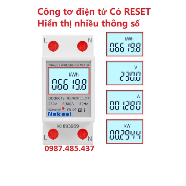 Công tơ điện tử dân dụng Dùng cho phòng trọ - Công tơ hiển thị dòng điện, điện áp, công suất, điện năng tiêu thụ.