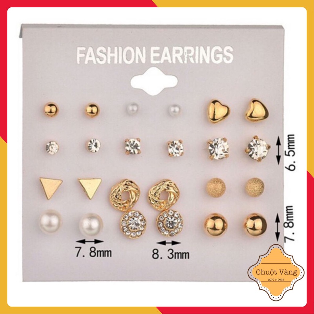 Set 12 hoa tai nụ đính đá mạ vàng sang chảnh