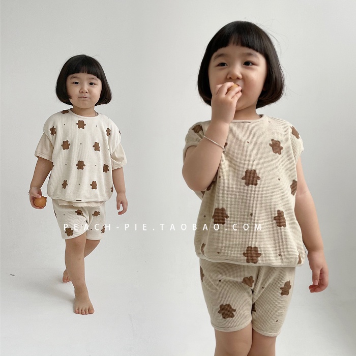 Bộ trang phục áo sát nách + quần short in hình chú gấu đáng yêu cho bé 0-4 tuổi