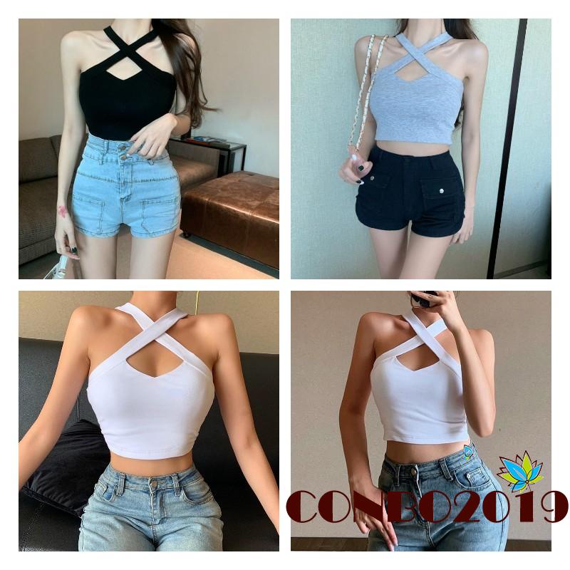HGM-Women Casual Close-fitting Crop Tops, Solid Color Off-the-shoulder Sleeveless Tank Tops