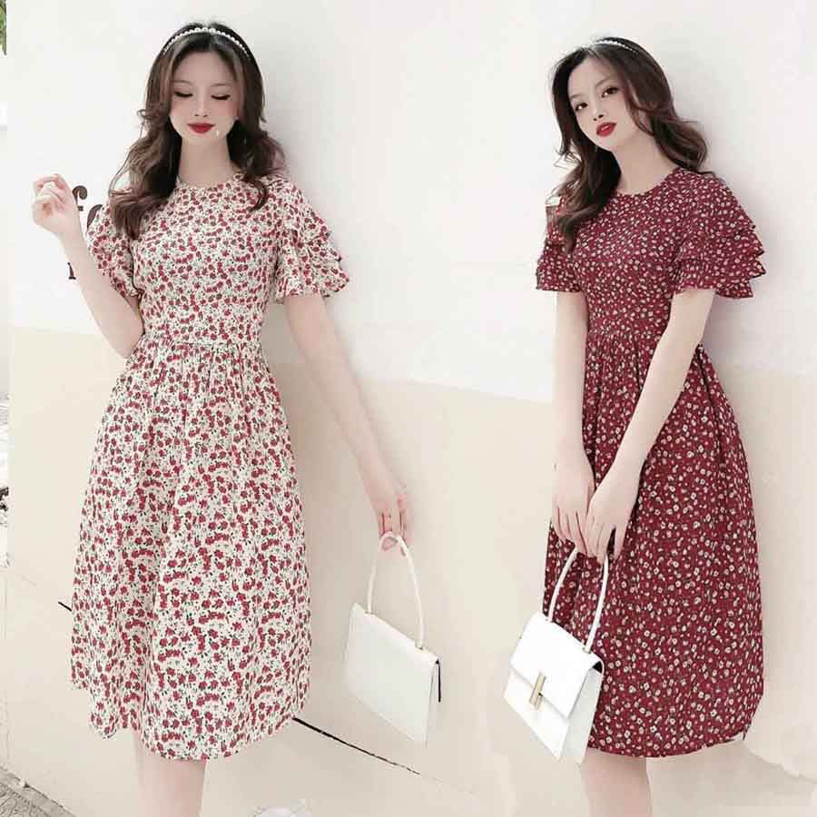 Váy hoa nhí Ulzzang dáng dài phối tay lỡ cánh tiên chất voan cát dày mềm mịn Đầm hoa nhí phong cách Vintage (hàng sẵn!!)