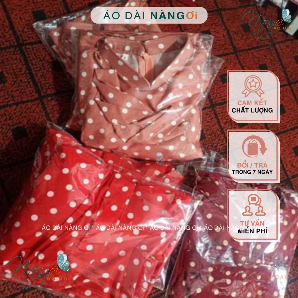 Áo dài chấm bi tay phồng - Áo dài truyền thống vai bồng lụa đẹp chụp hình xinh