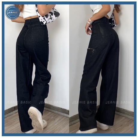 Quần Jeans BAGGY Loang Rách Quần Jeans Nữ Ống Suông Dài Rách Gối Quần Jean Loang Xanh Đen -CHUẨN HÀN KR STYLE Free Ship