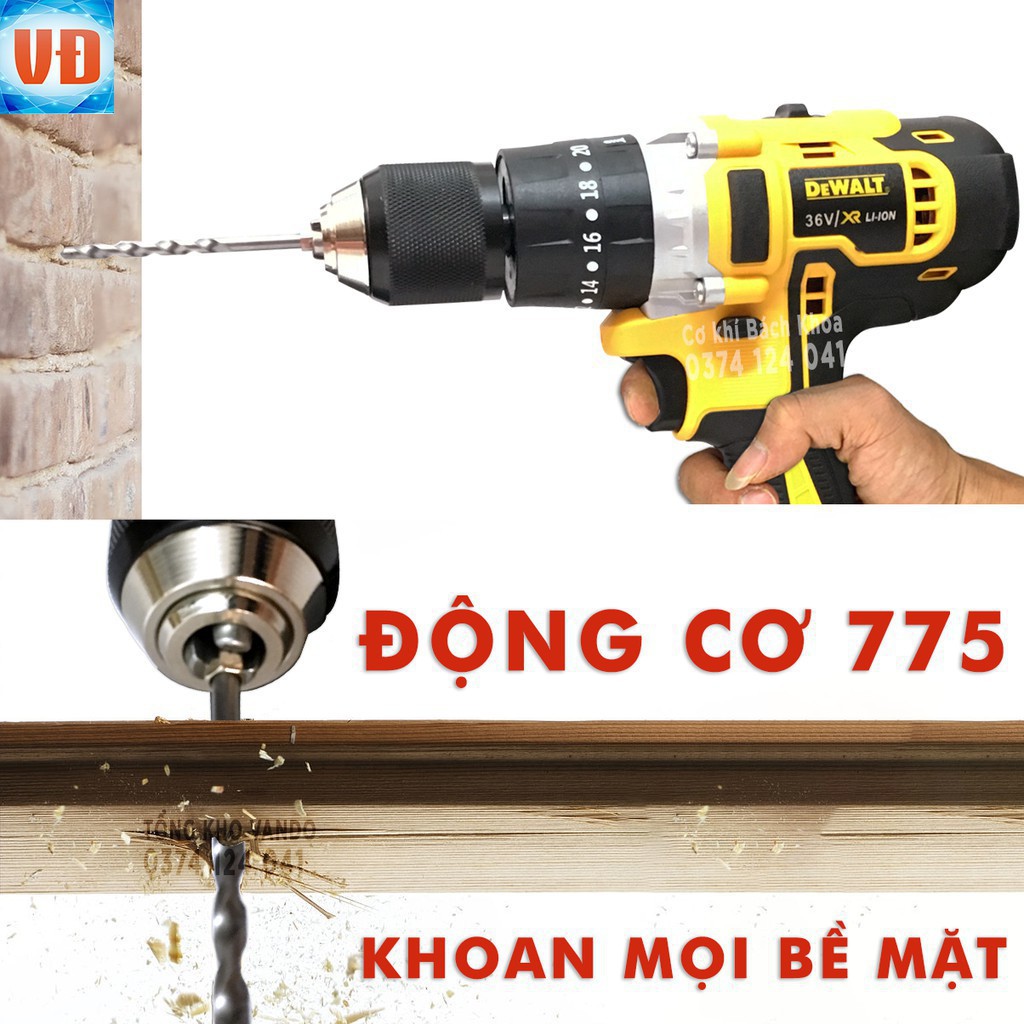 TẶNG BỘ PHỤ KIỆN 70 CHI TIẾT SIÊU KHỦNG - MÁY KHOAN CHẠY PIN DEWALT 36V - KHOAN TƯỜNG, SẮT, GỖ, BẮN VÍT - PIN 5 CELL
