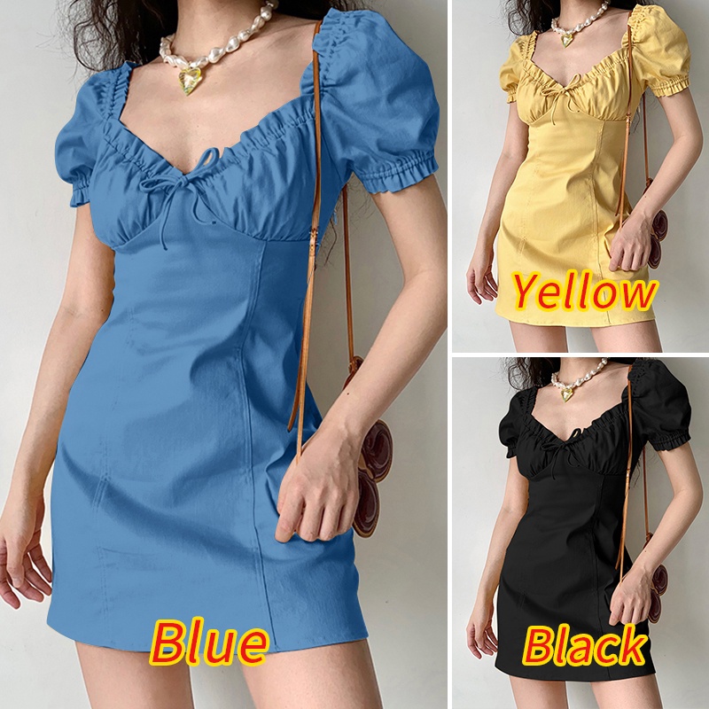 Zanzea Đầm Tay Phồng Ngắn Cổ Vuông Phong Cách Hàn Quốc Thời Trang Cho Nữ