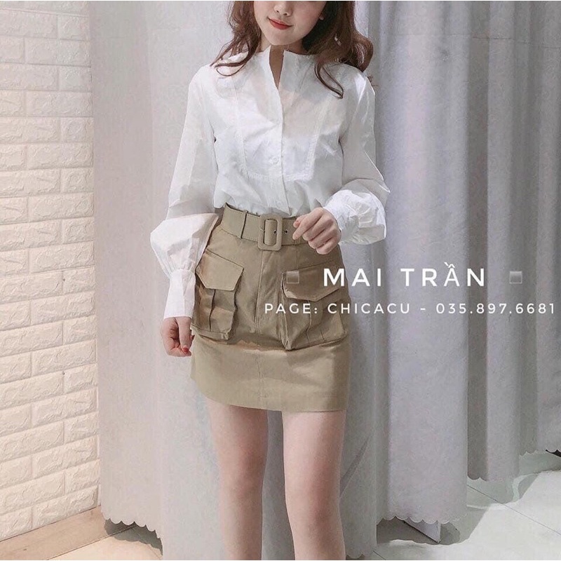 Set ao xô tiểu thư tay phồng+cvay kaki kè đai(hình thật)