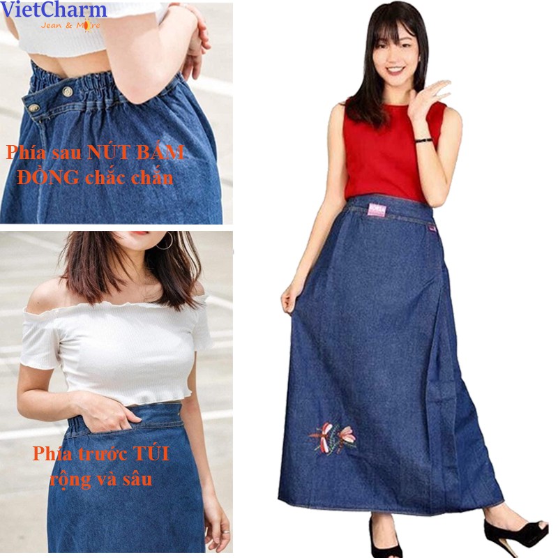 Váy chống nắng jean nút bấm thêu hoa | BigBuy360 - bigbuy360.vn