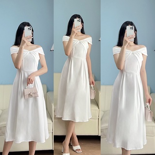 Váy trắng trễ vai chanh xả , đi dự tiệc