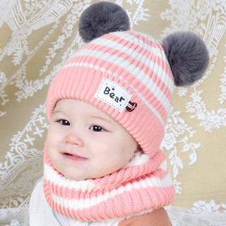 Sét mũ và khăn 2 quả bông cho bé 6 tháng đến 3 tuổi, mũ len  MKH34 - Bebekids