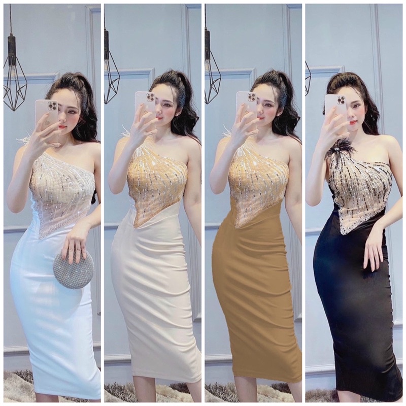 Đầm body dự tiệc lệch vai kết cườm phối lông công MYMY02 - size M/L - MS347V