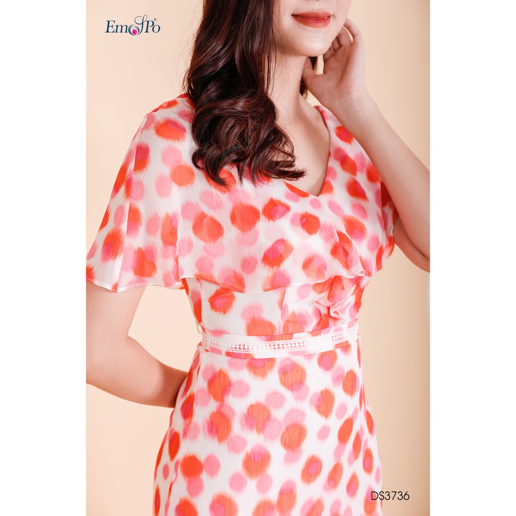Đầm hoa cổ V, vai chùm, có đai ren nhấn eo Emspo DS3736 (Hồng, Xanh)