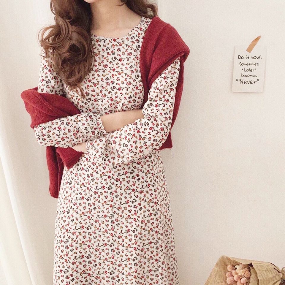 Đầm hoa nhí cổ tròn tay dài màu đen , Váy thiết kế thời trang nữ công sở dự tiệc dạ hội event sự kiện | BigBuy360 - bigbuy360.vn