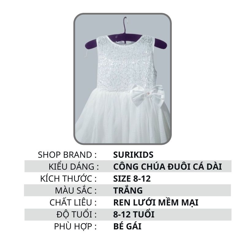 Đầm Công Chúa Bé Gái Đuôi Cá - SURIKIDS - Váy Dài Dự Tiệc Cho Bé 6 -12 Tuổi, 20-35kg, CC04S