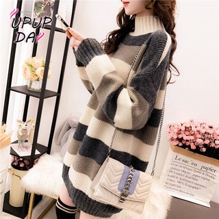 Áo Sweater Dệt Kim Cổ Lọ Dáng Rộng Họa Tiết Kẻ Sọc Phong Cách Hàn Quốc Thời Trang Cho Nữ