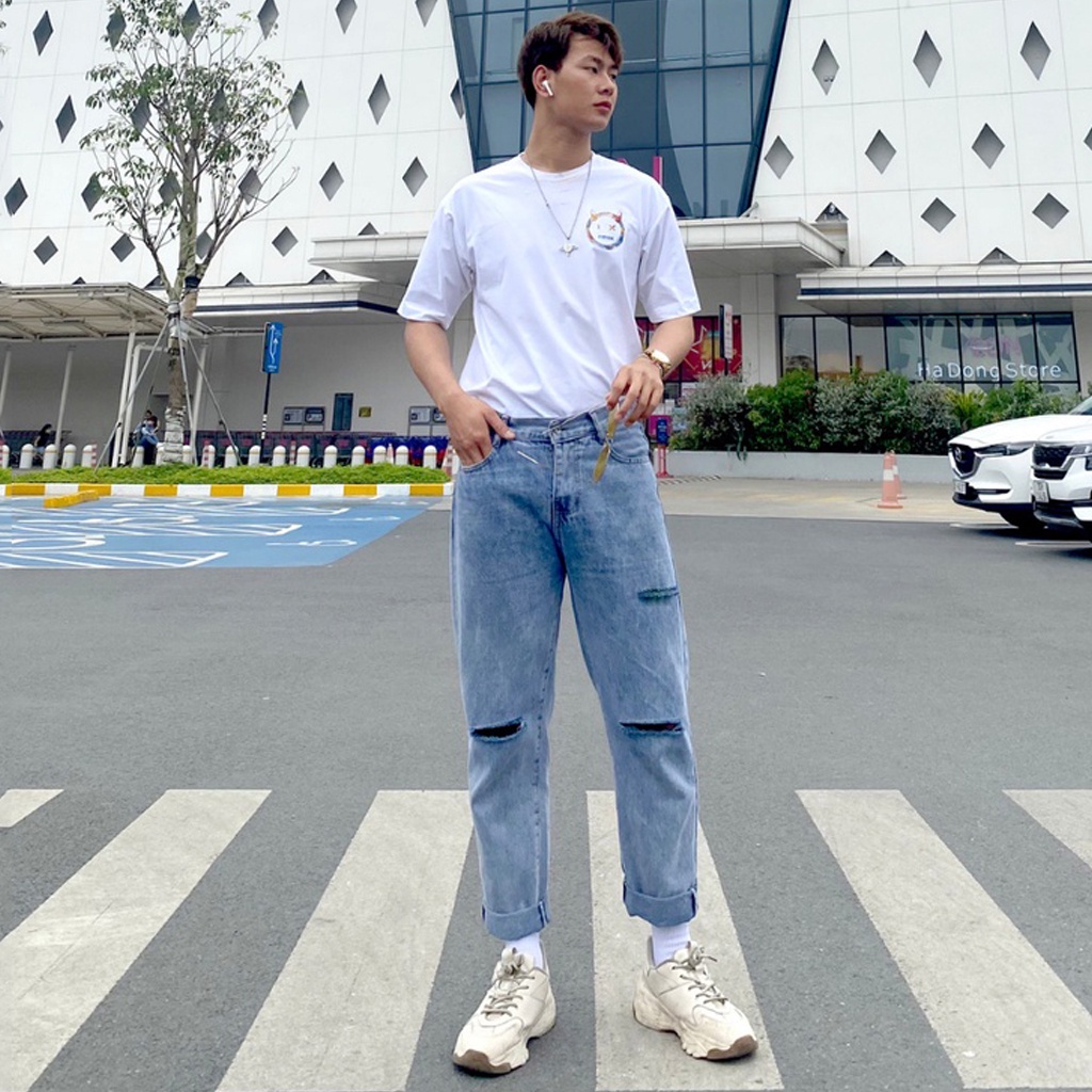 Quần Bò Baggy Nam Đen Rách Gối Dáng Đứng Ống Rộng Suông Vải Jeans Co Giãn Nhẹ Cạp Cao Phong Cách Trẻ Trung