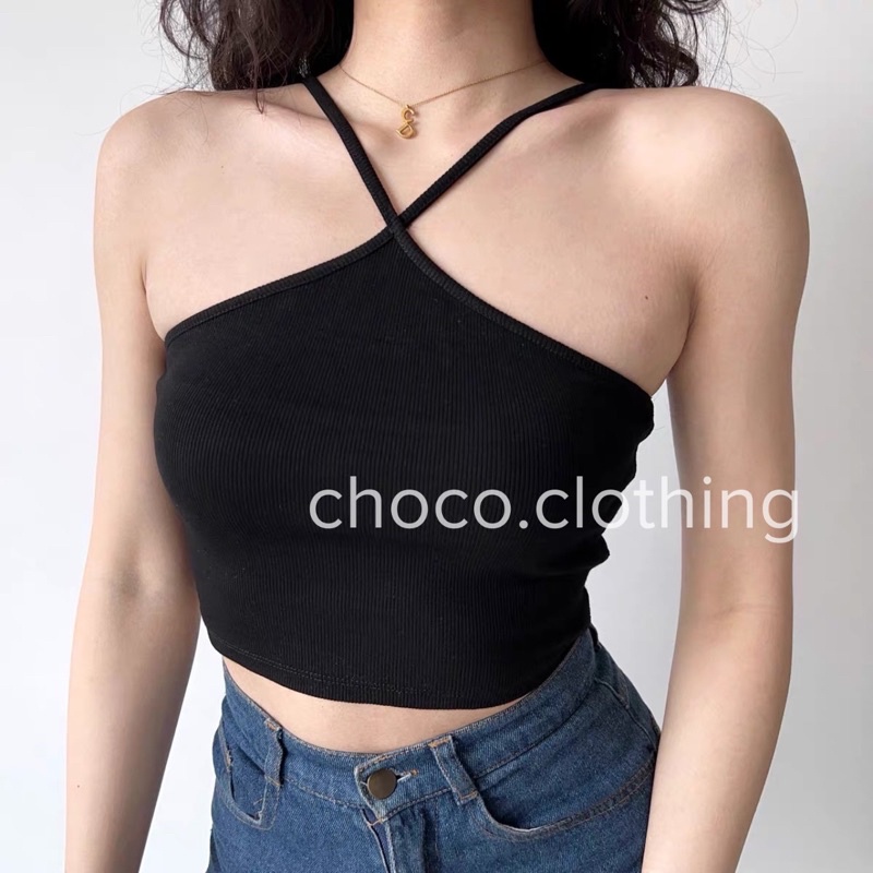 Áo crop dây cột không tay trễ vai quyến rũ (kèm ảnh thật Shop chụp)