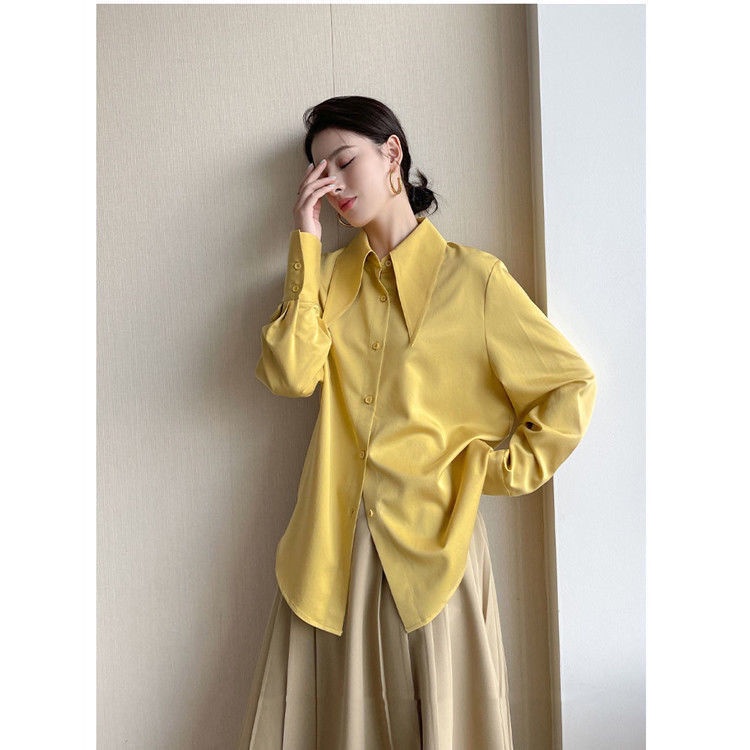 Áo sơ mi voan cổ lật thời trang mùa thu đơn giản thanh lịch cho nữ