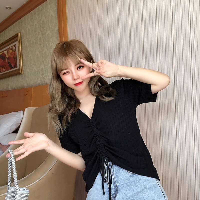 Áo Thun Dệt Kim Tay Ngắn Cổ Chữ V Dáng Rộng Phối Dây Rút Trẻ Trung Hợp Thời Trang