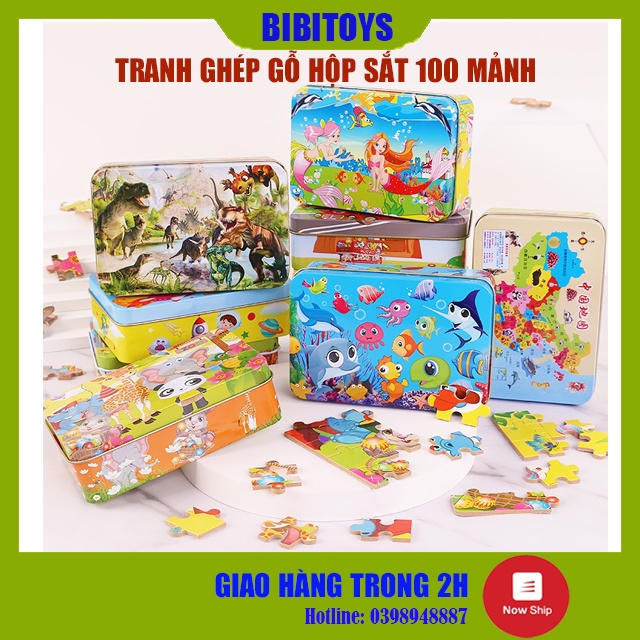 Đồ Chơi Tranh Ghép gỗ 100 Mảnh Hộp Sắt Cho Bé