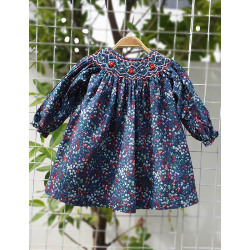 Váy smock thô cào bông hoa xanh đậm