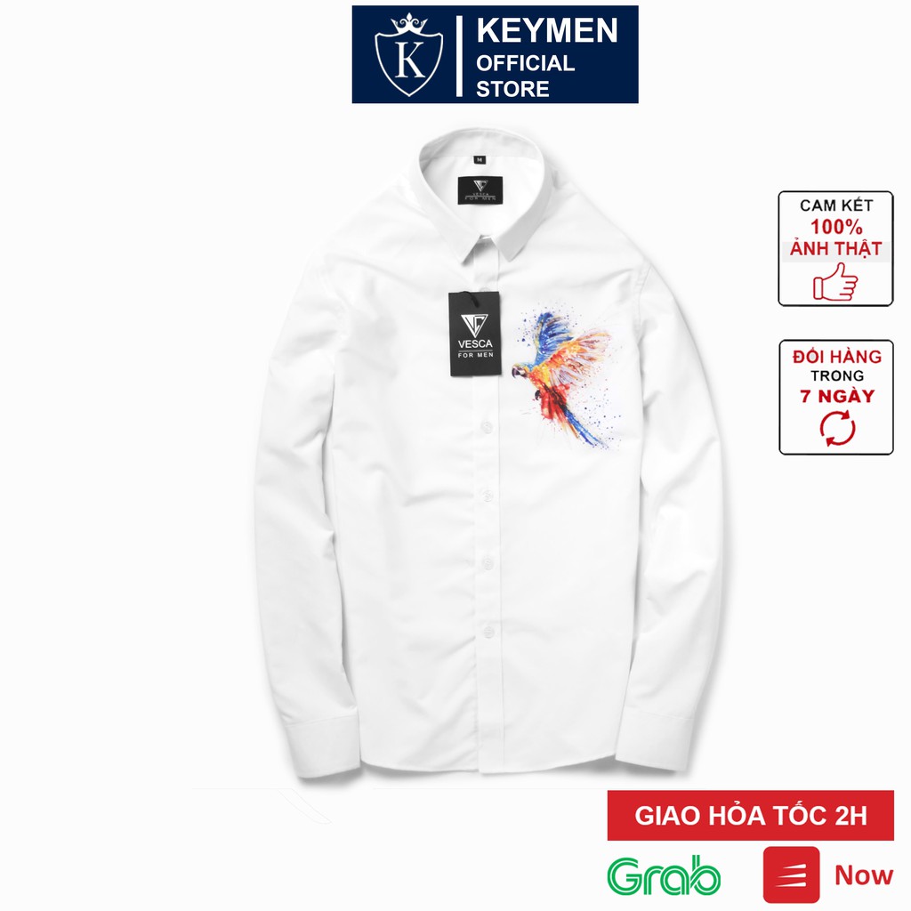Áo sơ mi nam dài tay trắng họa tiết phượng hoàng in 3d Vesca cao cấp hàng VNXK