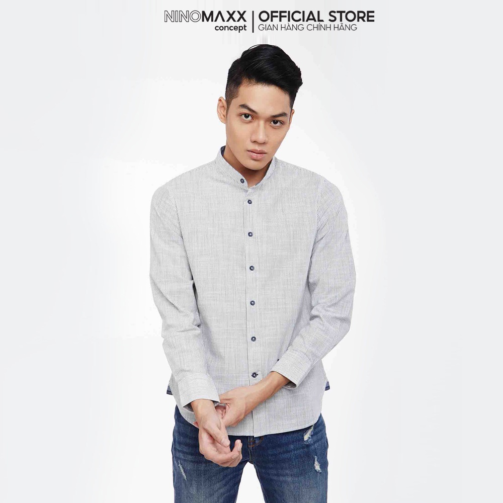 Ninomaxx Áo Sơ Mi Nam dài tay cổ trụ sọc xanh trắng dáng slim fit 100% cotton 1908070