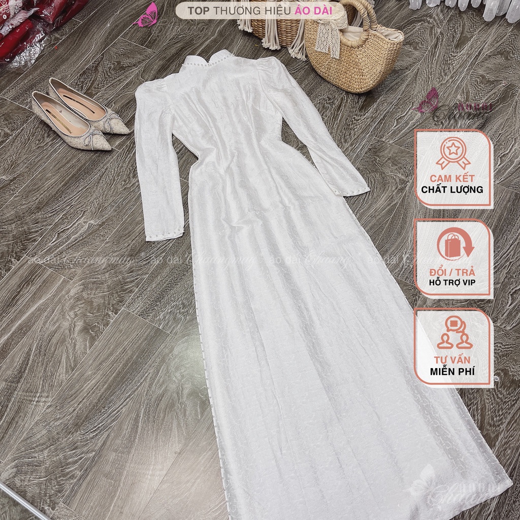 Áo dài cưới cô dâu tay vai bồng CHAANG May thiết kế Lụa Tơ Tằm đính ngọc cao cấp dự tiệc lễ tết đẹp