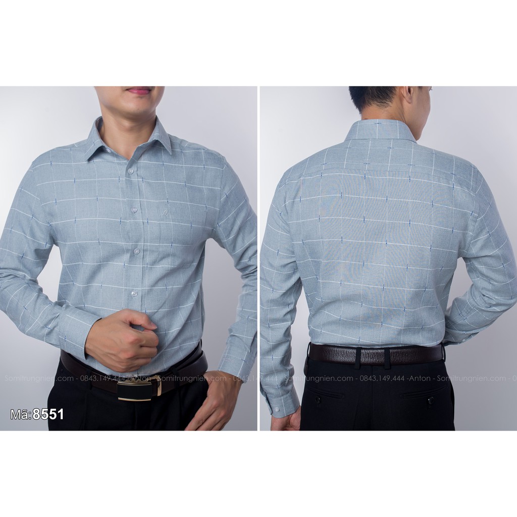 Áo Sơ Mi Nam Công Sở Trung Niên Anton Somianton Màu Xám Dài Tay Vải Sợi Tre Họa Tiết Sọc Kẻ In Chìm – 8551
