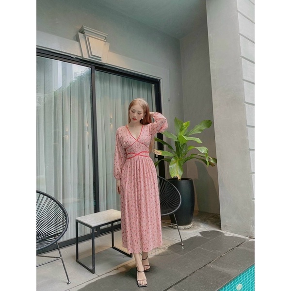 Đầm maxi hoa dập ly phối viền eo, áo tay dài, tùng váy xoè rủ sang xịn