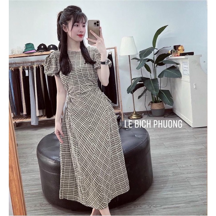 Váy kẻ dút eo tay bồng