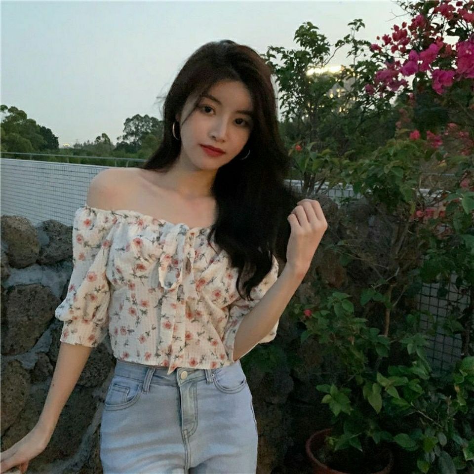 Áo Croptop Tay Phồng Ngắn In Hoa Kiểu Pháp Dễ Thương Cho Nữ