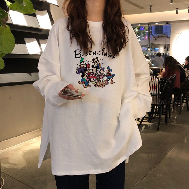 Áo Thun Cotton Tay Dài Dáng Rộng Màu Trắng Phong Cách Hàn Quốc Thời Trang Cho Nữ