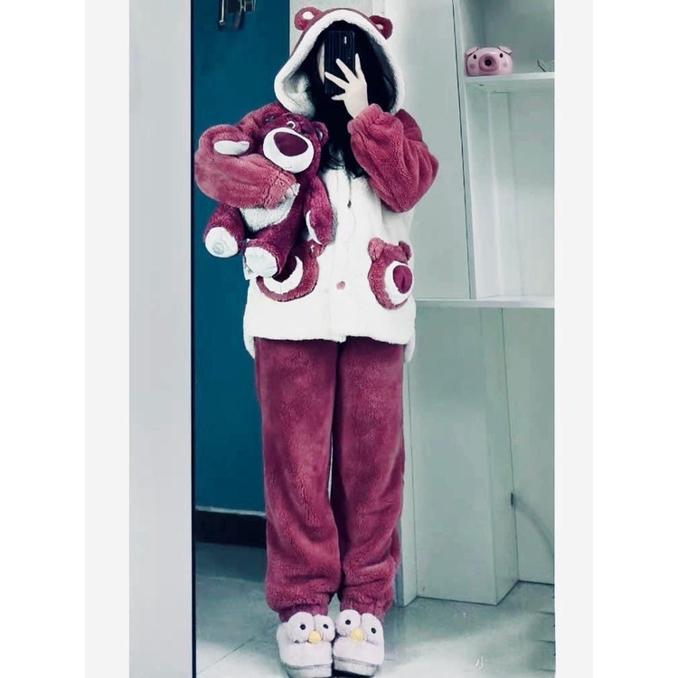 Bộ ngủ lông gấu đỏ siêu kute dễ thương ulzzang ,bộ đồ mặc nhà thu đông xinh sắn ấm áp mùa đông- NENEFASHION