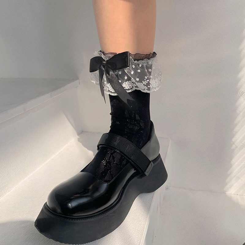 Vớ Công Chúa Satin Đính Nơ Phối Ren Nhún Bèo Thêu Họa Tiết Chấm Bi Dễ Thương Phong Cách Lolita Nhật Bản Cho Nữ