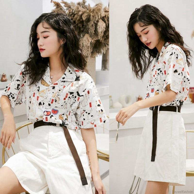 Áo sơ mi tay ngắn hoạ tiết mèo phong cách vintage | BigBuy360 - bigbuy360.vn