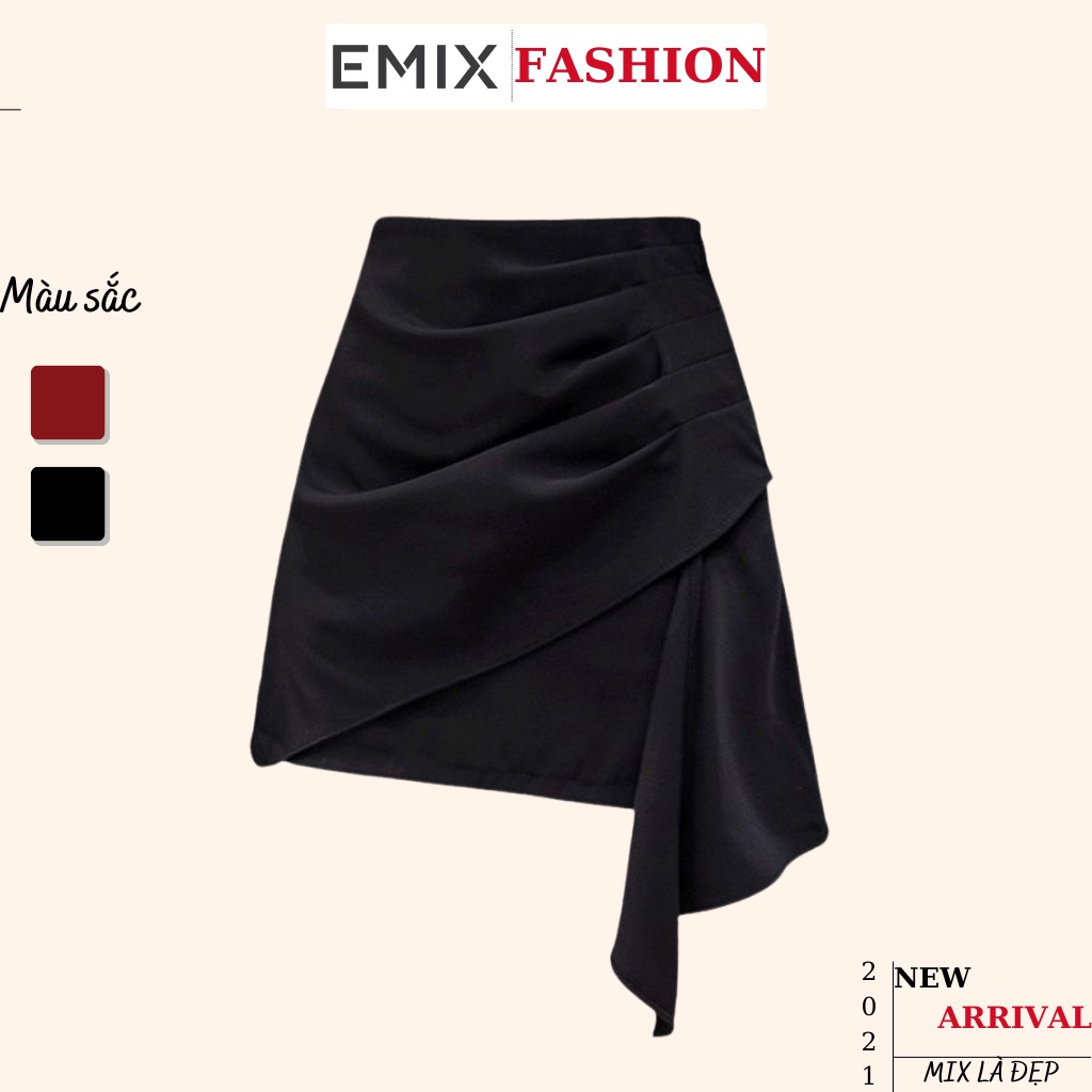 Chân váy nữ chữ A vạt chéo EMIX (màu đen), dáng ngắn, vạt xếp, cạp cao, khóa sau, chất tuytxi mịn đẹp CV049