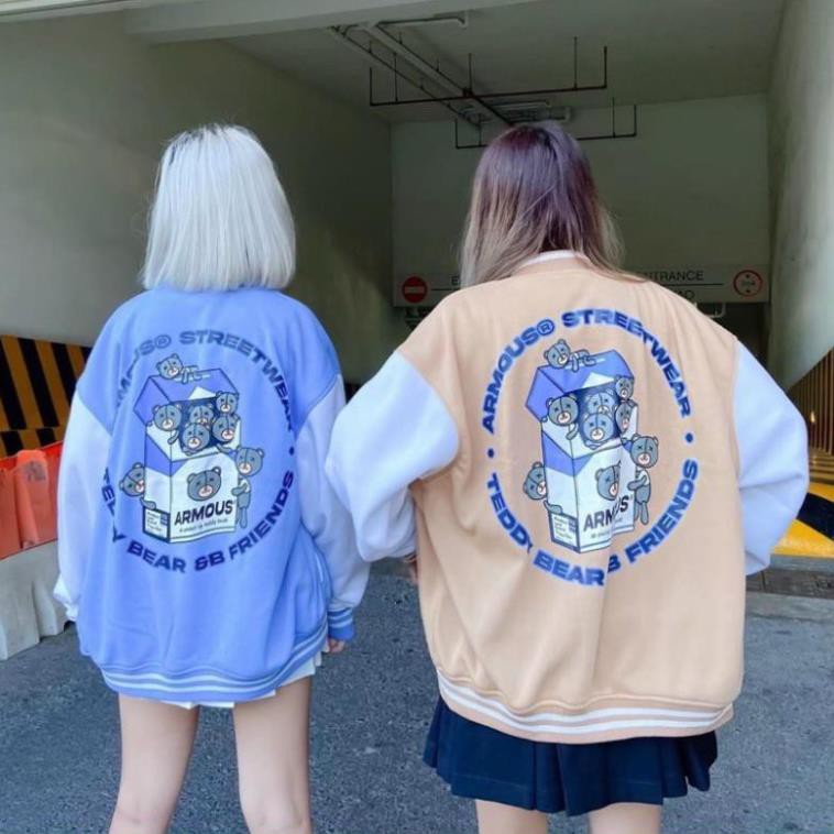 Áo Khoác Bomber Nỉ In Bear Box Form rộng Unisex Nam Nữ Couple duyên dáng của năm