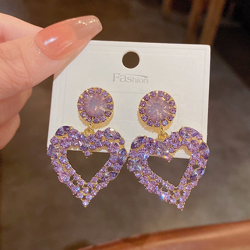 Khuyên Tai Hình Trái Tim Đính Đá Pha Lê Tím Sang Trọng Phong Cách Thời Trang Phổ Biến
