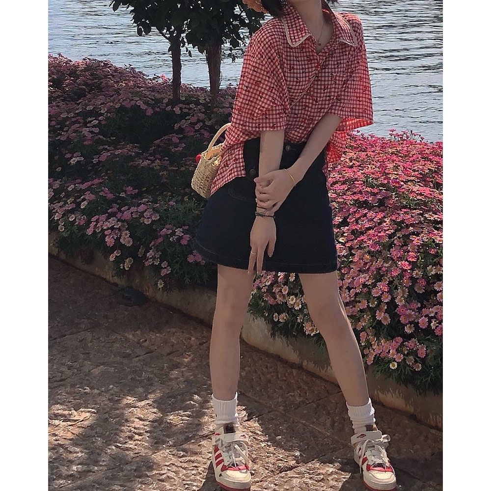 IMAODOU Áo sơ mi  cổ polo tay ngắn phối ren họa tiết kẻ sọc phong cách Nhật Bản dễ thương cho nữ