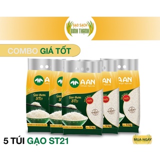 Combo 5 túi gạo Thơm ST21 A AN mỗi túi 5Kg - Đặc sản Sóc Trăng - Thơm hoa lài nhẹ, cơm ngọt, rất dẻo, mềm