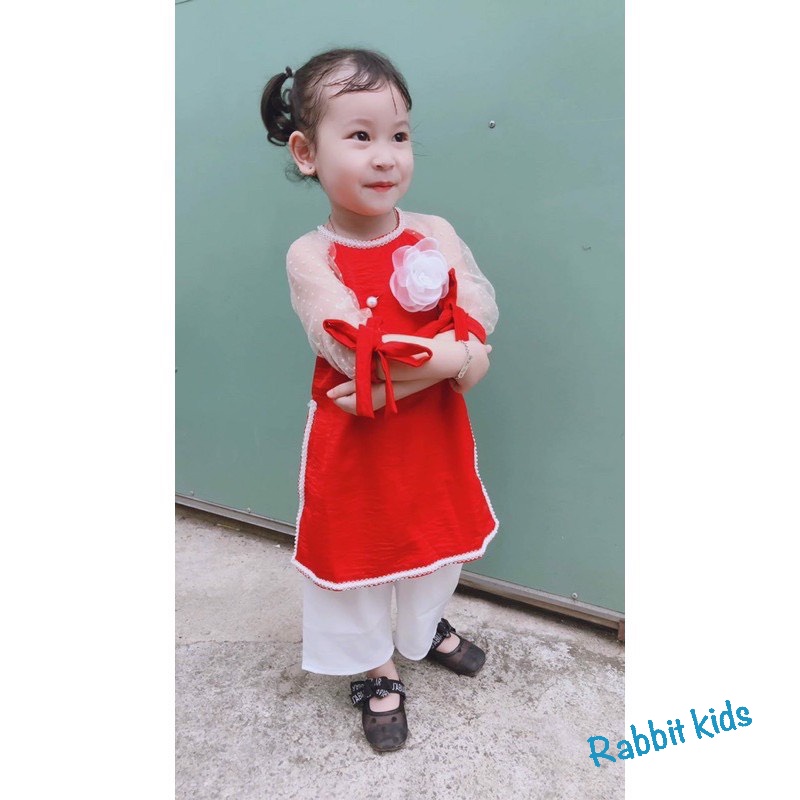Áo Dài Cách Tân Bé Gái FREESHIPTẶNG BỜM NGỌC-Rabbit Kids-Đầm Tết Cho Bé Lụa Đỏ Tay Lưới Nhung