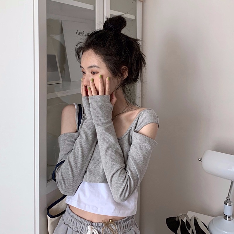 Áo Thun Tay Dài Giả Hai Lớp Dáng Ôm Thời Trang Mùa Thu Cho Nữ